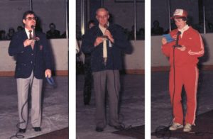 Calgary Mayor Ralph Klein (left) opened the ceremonies for the Provincial Playdowns, the late Orvil Anderson (centre) welcomed the teams on behalf of the tournament committee, and Linda Tippin (right) offered the athletes prayer.