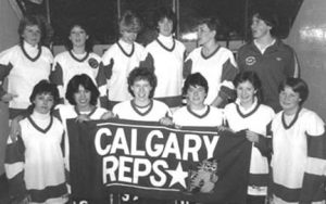 CALGARY BELLES 1983-84 Back Row (l to r) Terry Crouse, Sue Chudleigh, Lisa Brown, Maryellen Johnston, Jackie Willis, Linda Tippin (coach) Front Row: Marnie Strachen, Holly Lees, Maureen Hans, Laurie Moore, Tracey Wake, Sue Rutherford