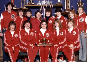 CALGARY DEBS PROVINCIAL CHAMPS 1983-84 Back Row (l to r) Bob Veale (coach), Leanne Henderson, Lucie Anne Ingoldsby, Nicole Richard, Paula Long, Carmen Bell (Skelton), Chris Morton, Mardelle Boutin (manager) Front Row: Kim Cramm, Beth Little (Veale), Marlayne Boutin (Brandsgard), Cara Brown, Brenda Barth. Missing: Linda Tippin (Anderson)