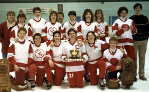 Calgary Debs 1984-85 Provincial Champions (attended the Canadian Ringette Championships in Montreal representing Alberta) Back Row: Laura Webb, Paula Long, Jackie Willis, Leanne Henderson, Mardelle Boutin, Carmen Bell, Sue Chudleigh, Cara Brown, Marlayne Brandsgard, Bob Veale Front Row: Maureen Hans, Wendy Cowie, Laurie Moore, Linda Tippin, Beth Little, Laurie Smith